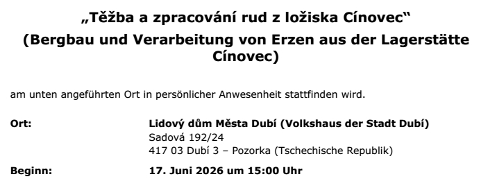 17. Juni: Öffentliche Anhörung zur Umweltverträglichkeitsprüfung Lithiumbergbau Cínovec